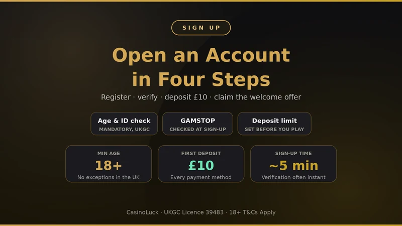 CasinoLuck sign-up for UK players: 18+ age check, £10 first deposit, roughly five minutes to register